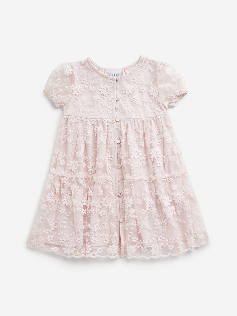 HOP Kids Pink Lace Embroidered Tiered Dress