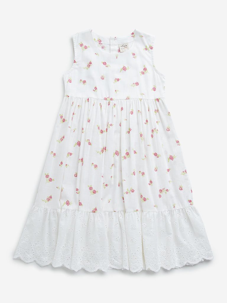 Utsa Kids White Floral Printed Cotton Tiered Dress (8-14 Years)