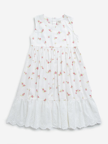 Utsa Kids White Floral Printed Cotton Tiered Dress (8-14 Years)