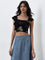 LOV Black Floral Design Crop Top