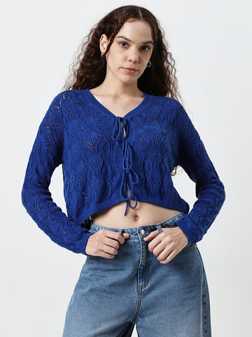 Nuon Dark Blue Knit-Textured Cotton Top