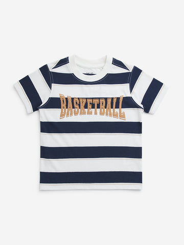 HOP Kids Navy Stripe Printed Cotton T-Shirt