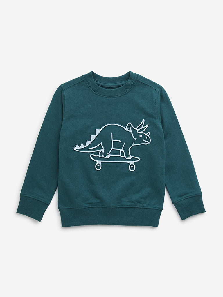 HOP Kids Green Dinosaur Embossed Cotton Sweatshirt