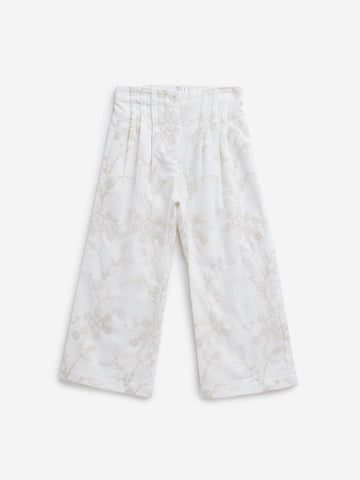 HOP Kids Off-White Leaf Embroidered High-Rise Cotton Blend Pants