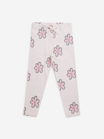 HOP Kids Light Pink Printed Mid-Rise Cotton Blend Pants