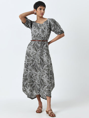 Utsa Charcoal Floral Printed A-Line Cotton Dress with Belt