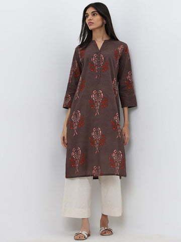 Utsa Brown Abstract Printed Straight Cotton Kurta