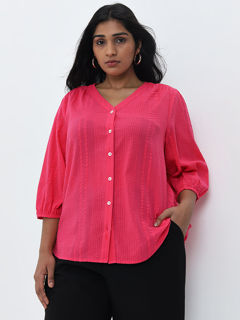 Gia Fuchsia Striped Seersucker Textured Blouse