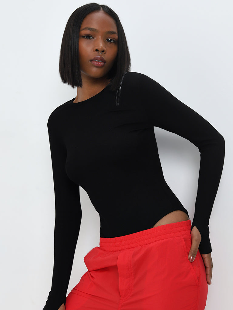 Studiofit Black Ribbed Textured Bodysuit