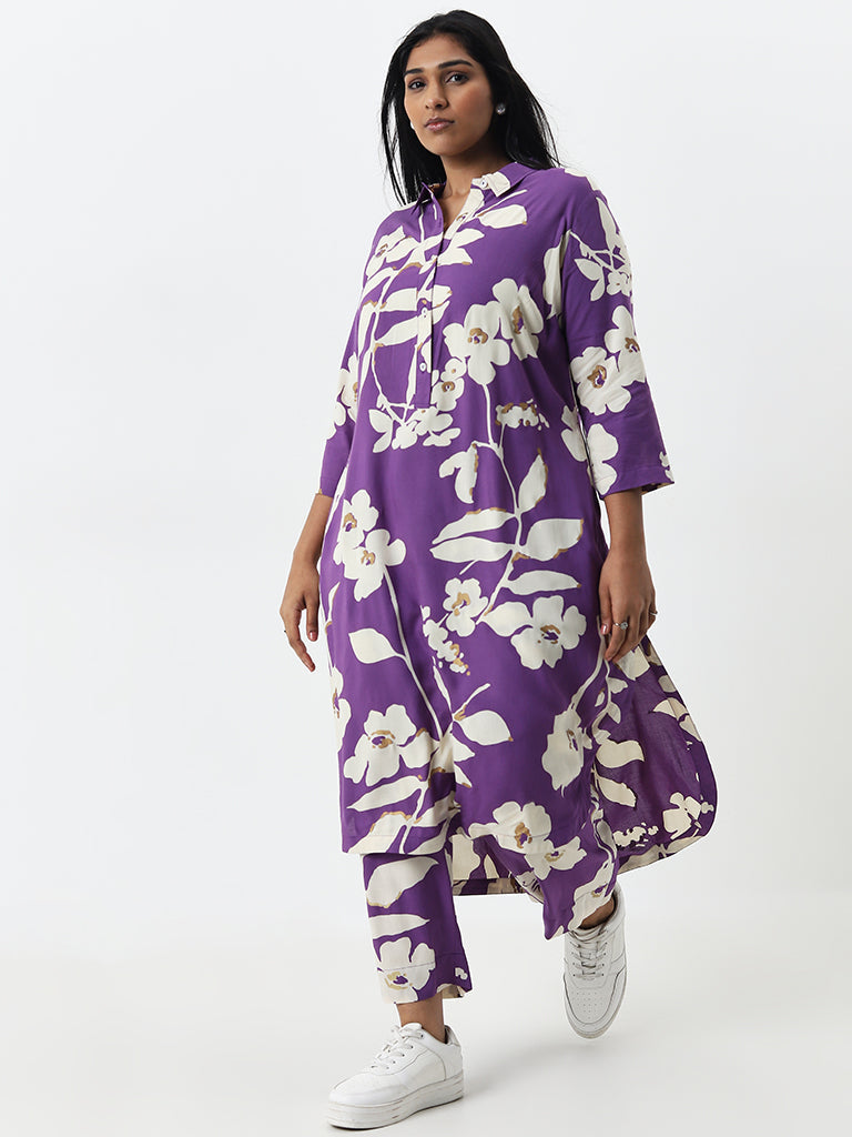 Diza Purple Floral Printed A-Line Cotton Kurta