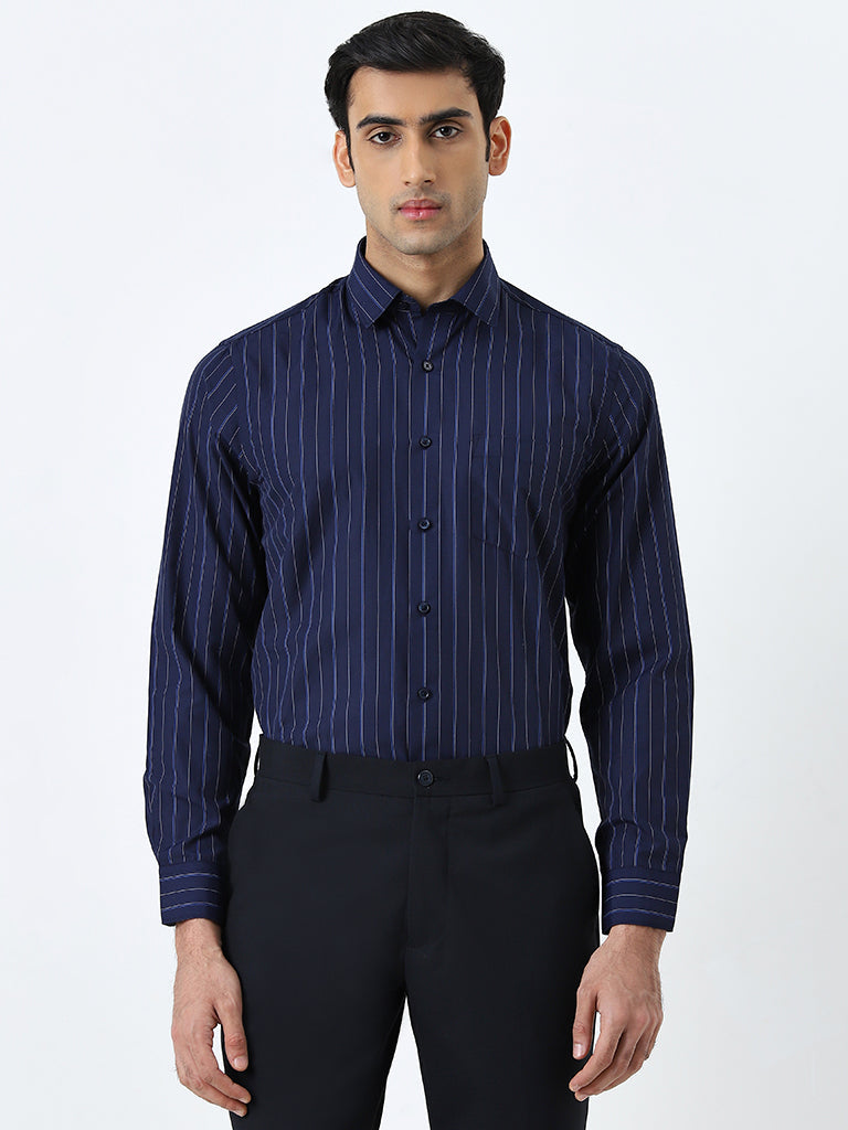 WES Formals Navy Striped Slim-Fit Shirt