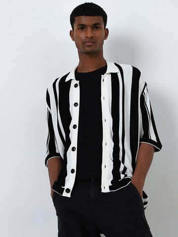 Nuon Black Striped Knitted Relaxed Fit Shirt