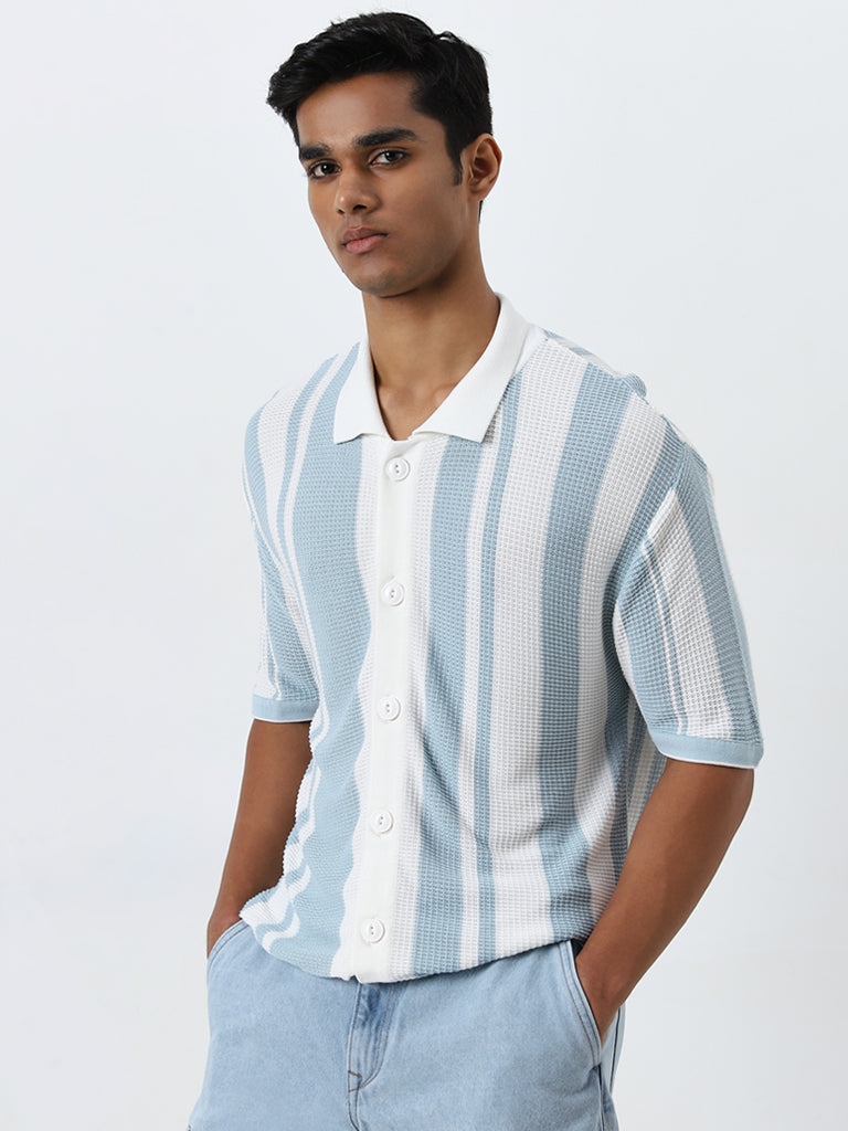 Nuon Blue Striped Knitted Relaxed-Fit Shirt