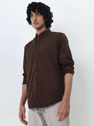 Nuon Dark Brown Solid Slim-Fit Cotton Shirt