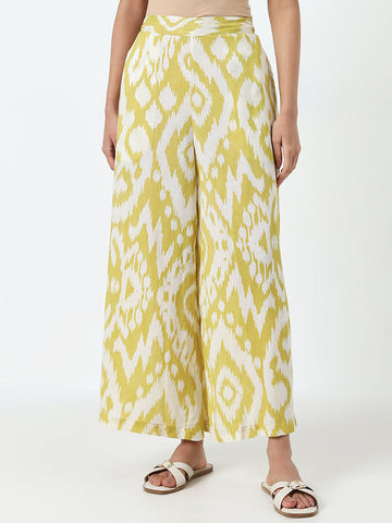 Utsa Yellow Ikat Design High-Rise Cotton Blend Palazzos