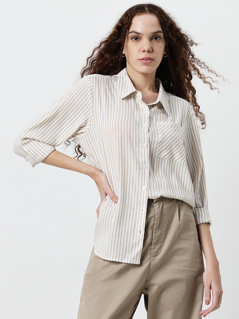 Nuon Light Beige Stripe Patterned Cotton Shirt