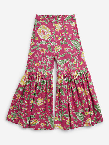 Utsa Kids Dark Pink Floral Printed High-Rise Gharara (8-14 years)