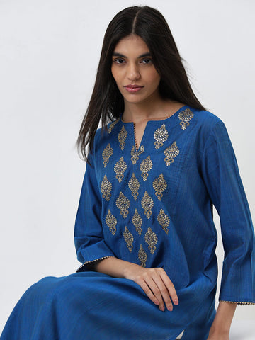 Utsa Blue Embellished A-Line Kurta