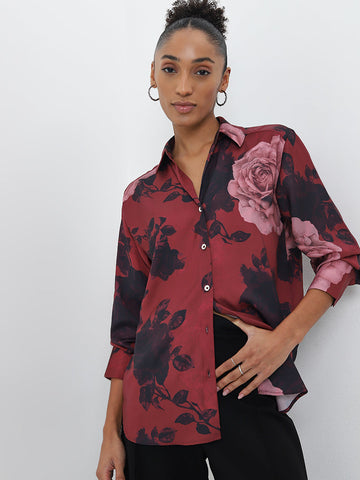 Wardrobe Burgundy Floral Printed Shirt