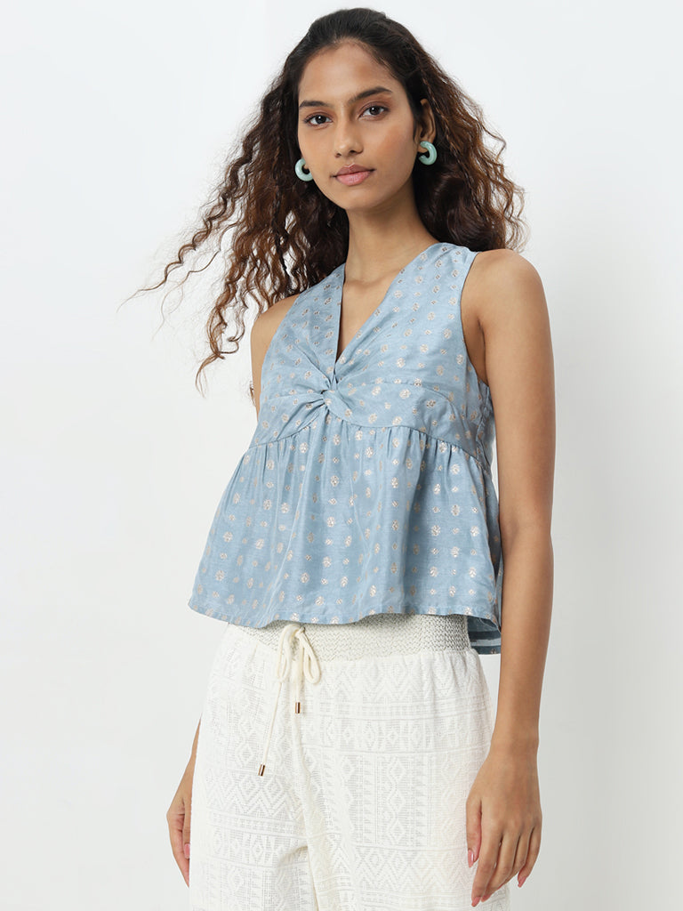 Bombay Paisley Light Blue Embellished Knot-Detailed Top