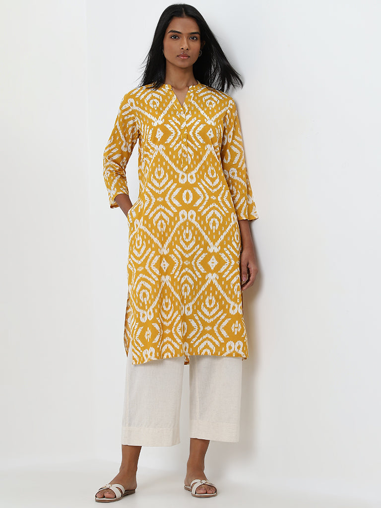 Utsa Yellow Ikat Printed Straight Cotton Kurta