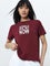 Studiofit Maroon Text Embroidered Cotton T-Shirt