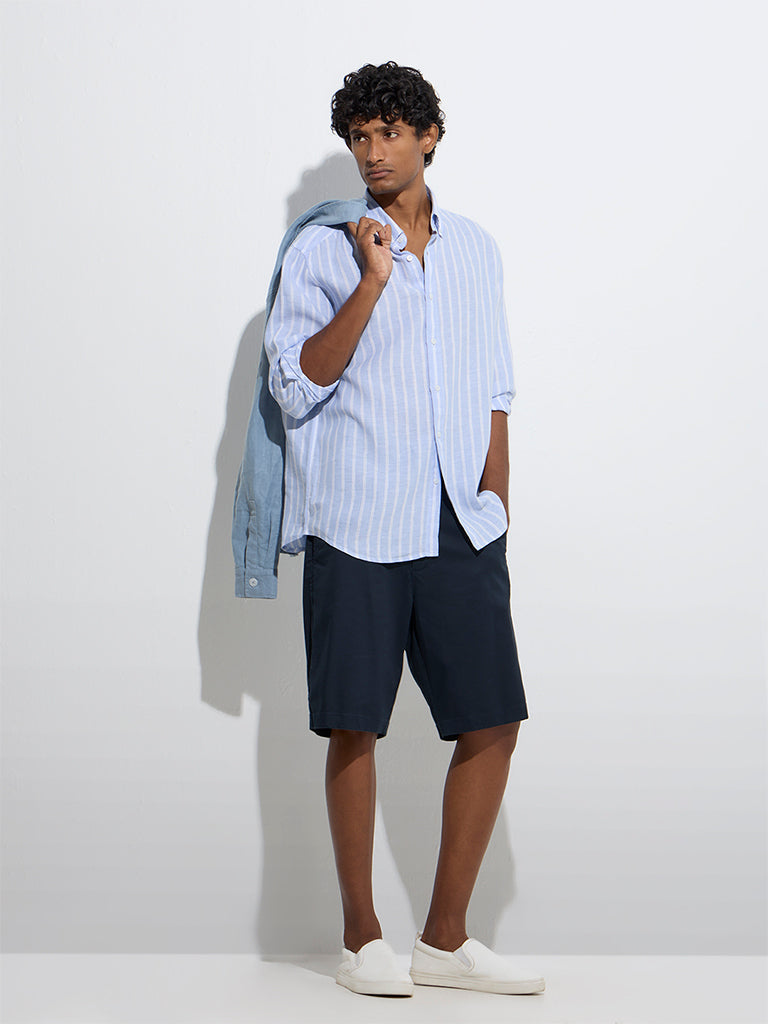 Ascot Light Blue Striped Relaxed-Fit Linen Shirt