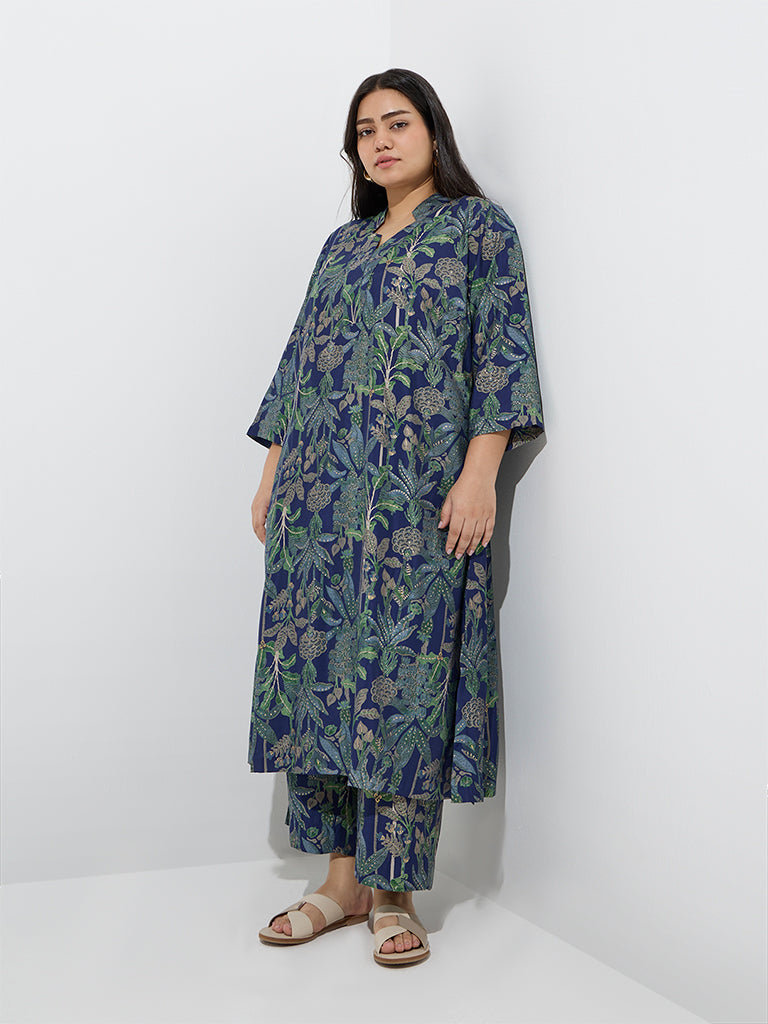 Diza Navy Botanical Design A-Line Kurta