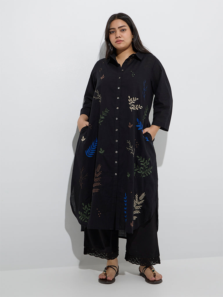 Diza Black Leaf Embroidered A-Line Cotton Kurta