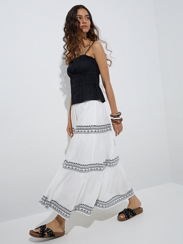 Bombay Paisley White Printed Cotton Tiered Skirt