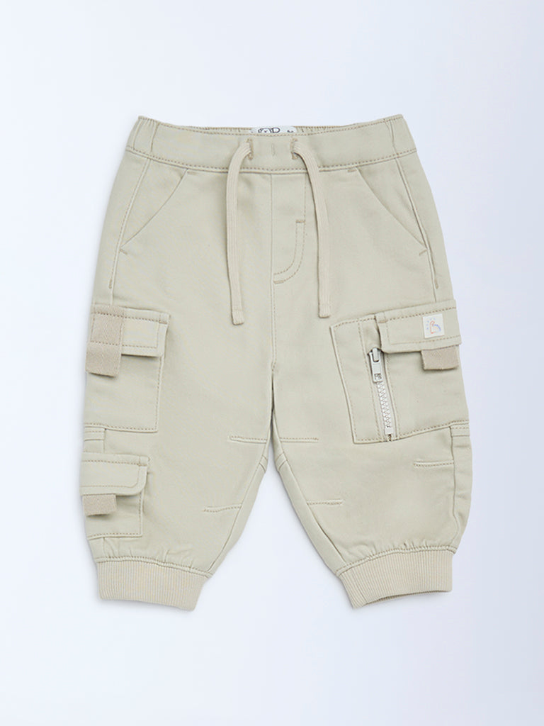HOP Baby Beige Cargo-Style Mid-Rise Cotton-Blend Joggers
