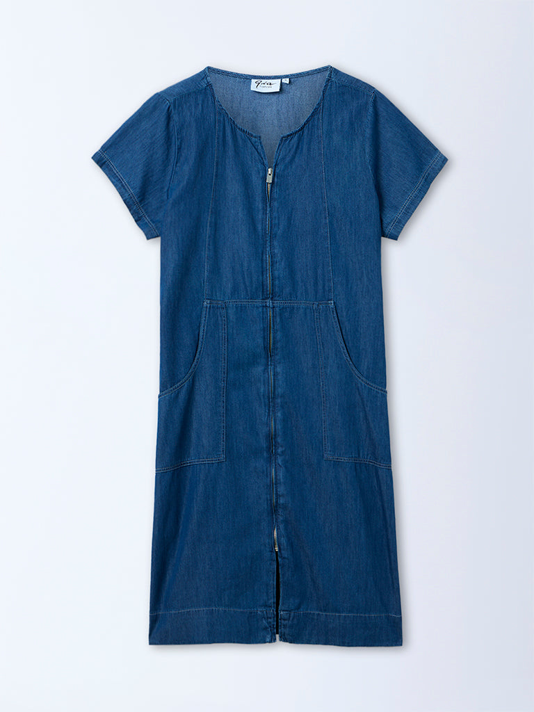 Gia Blue Solid Stitch-Detailed Denim A-Line Dress