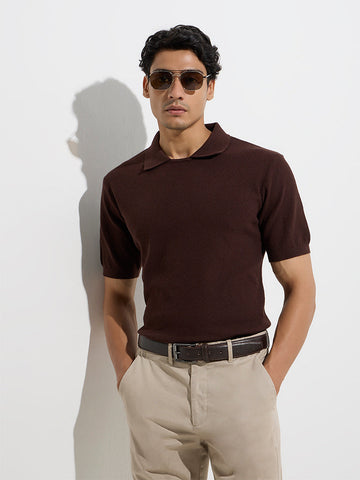 Ascot Dark Brown Textured Relaxed-Fit Cotton-Blend T-Shirt