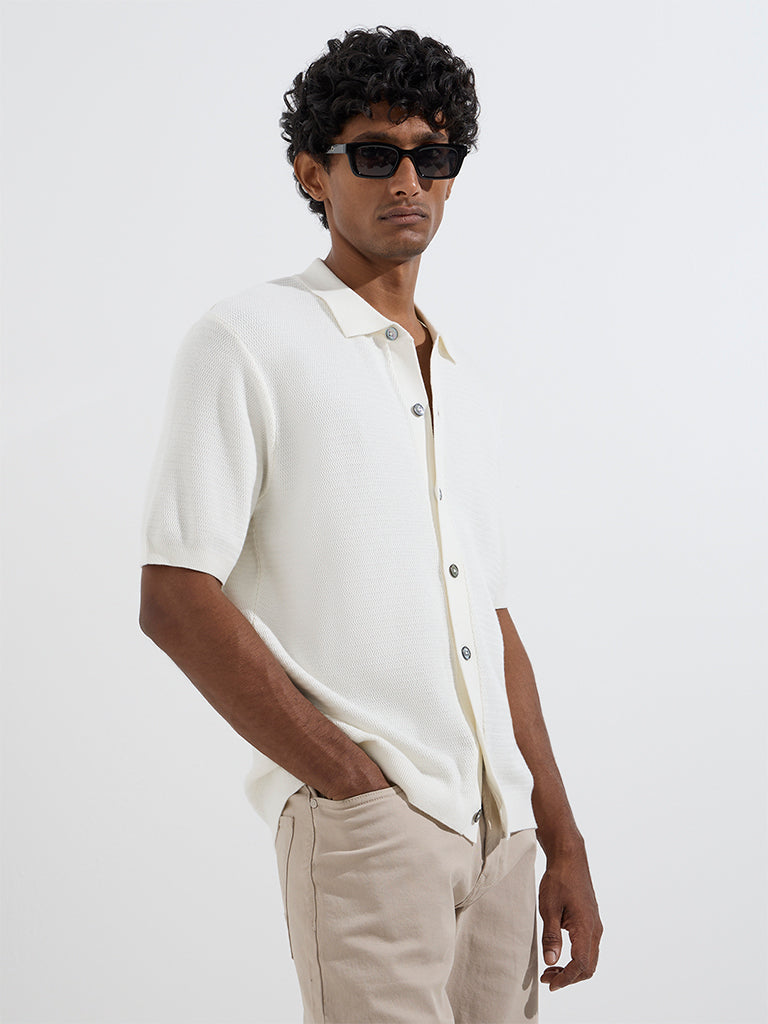 Ascot Ivory Knit-Textured Relaxed-Fit Cotton-Blend Shirt