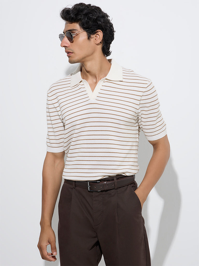 Ascot Taupe Stripe Relaxed-Fit Cotton-Blend Polo T-Shirt