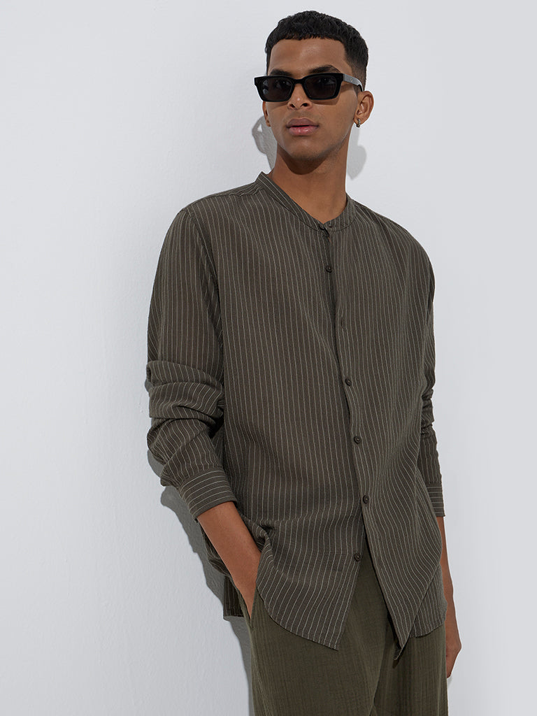 ETA Olive Striped Relaxed-Fit Cotton Shirt