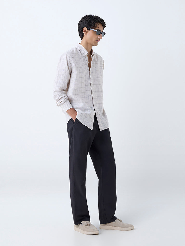 Ascot Beige Checks Design Relaxed-Fit Linen Shirt