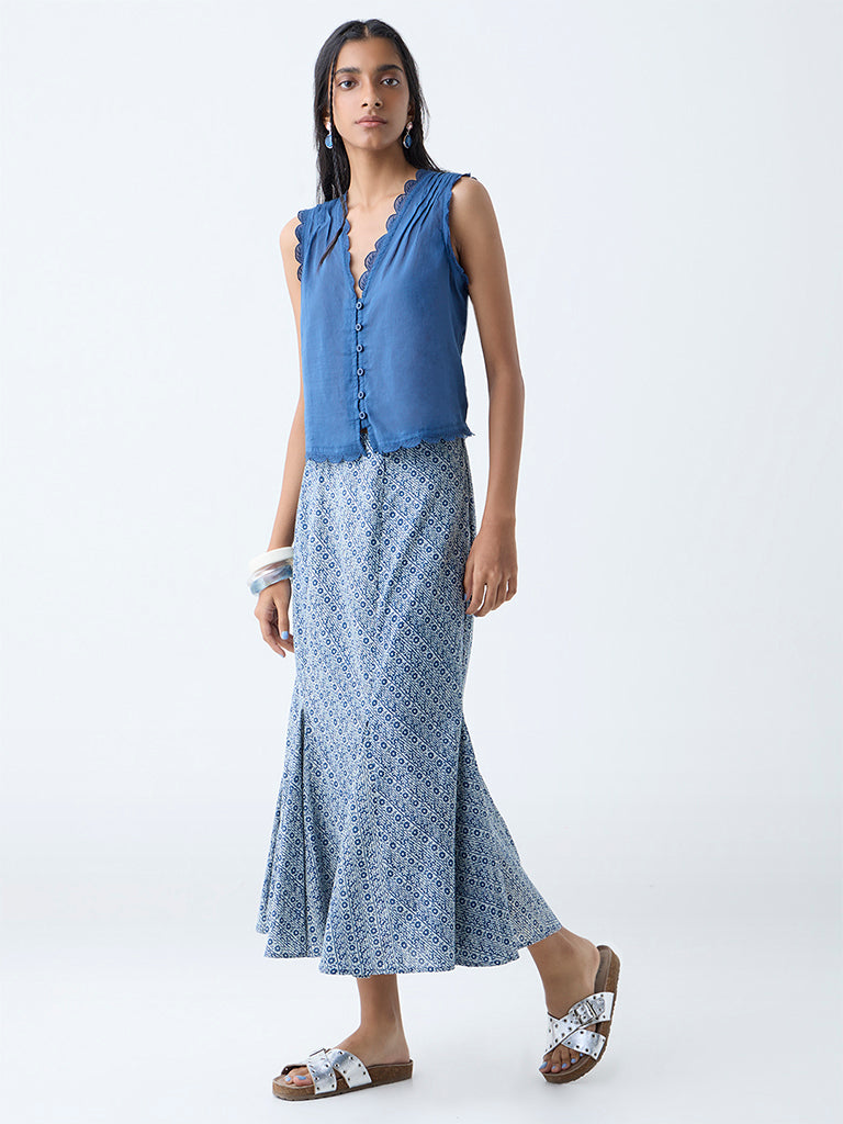 Bombay Paisley Blue Floral Detailed Cotton Skirt