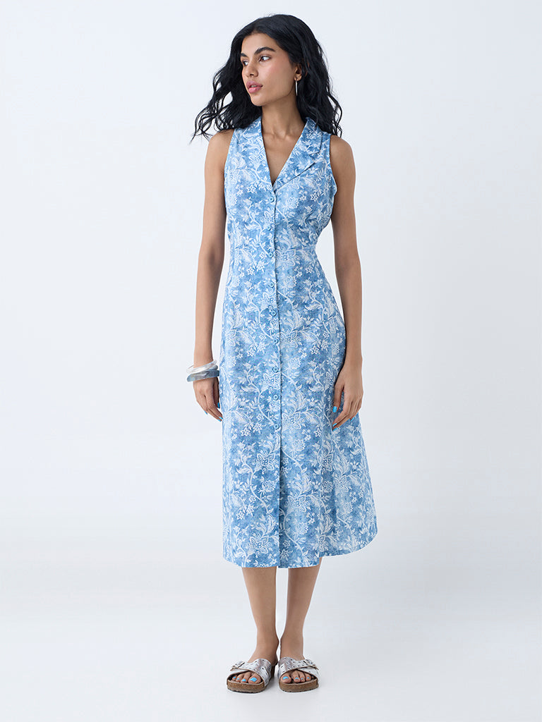 Bombay Paisley Blue Foliage Pattern Cotton Shirt Dress