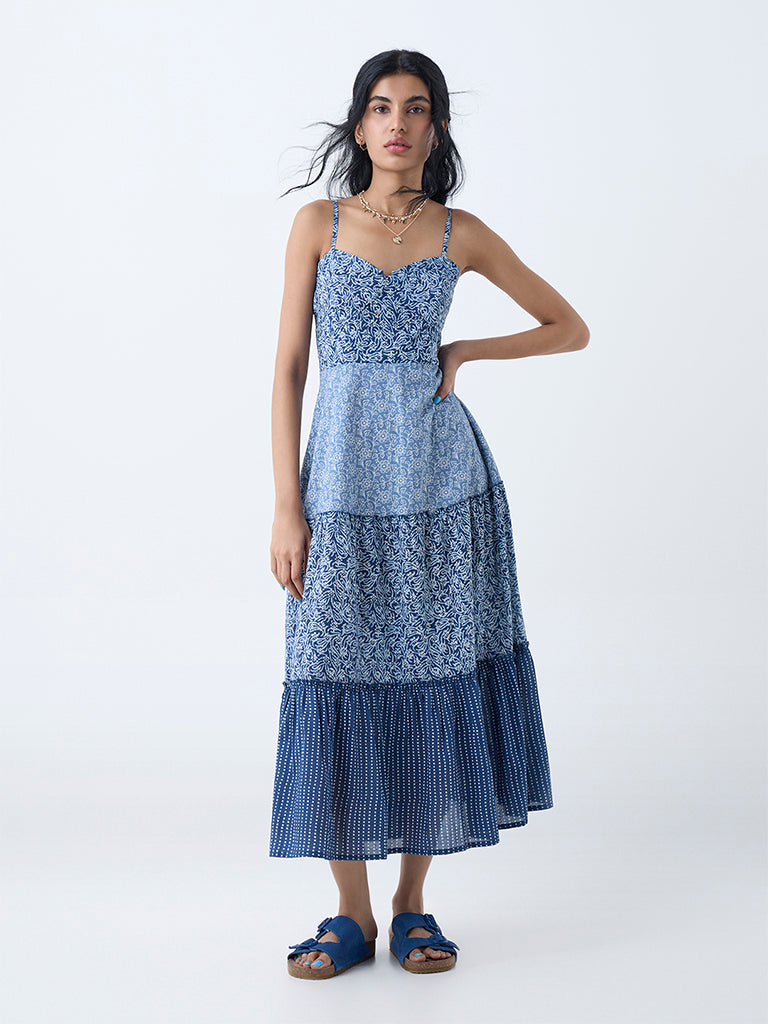 Bombay Paisley Dark Blue Printed Cotton Tiered Dress