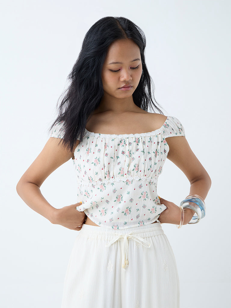 Bombay Paisley White Floral Design Milkmaid Cotton Top
