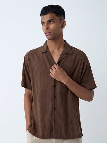 ETA Brown Crinkle-Textured Relaxed-Fit Cotton Shirt