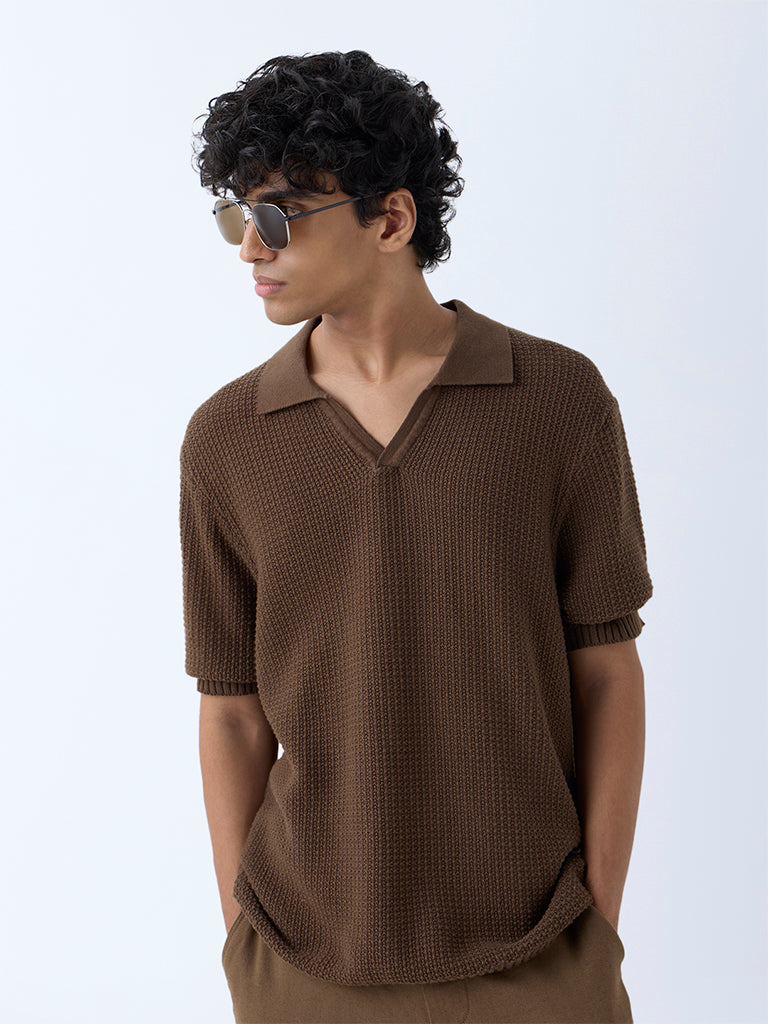 ETA Brown Knit-Textured Relaxed-Fit Polo T-Shirt