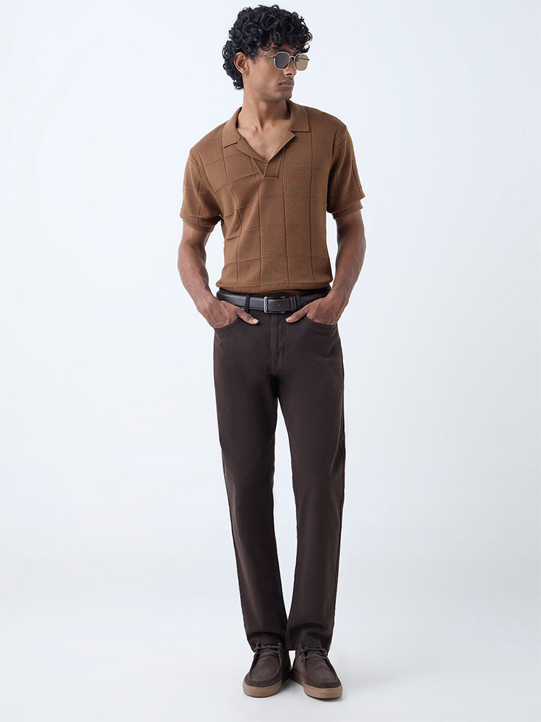 Ascot Brown Checkered Relaxed-Fit Cotton-Blend T-Shirt