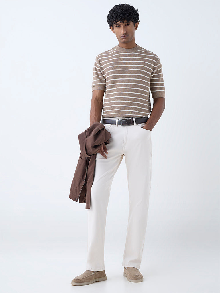Ascot Brown Striped Relaxed-Fit Cotton T-Shirt