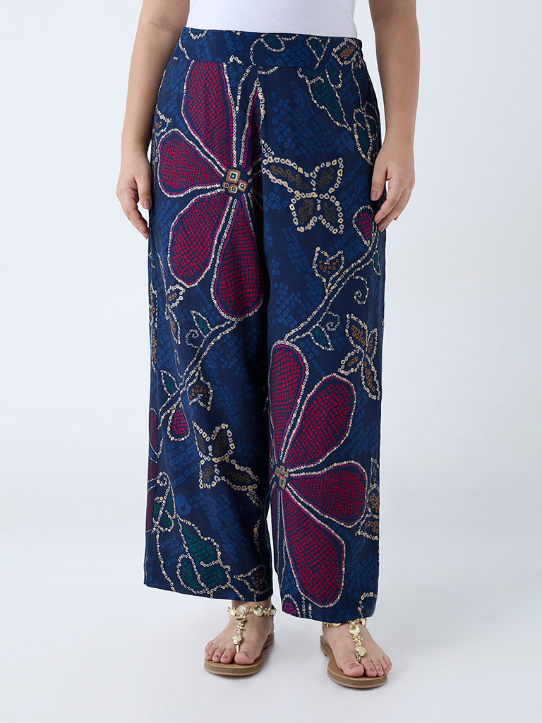 Diza Indigo Bandhani Floral Pattern Pants