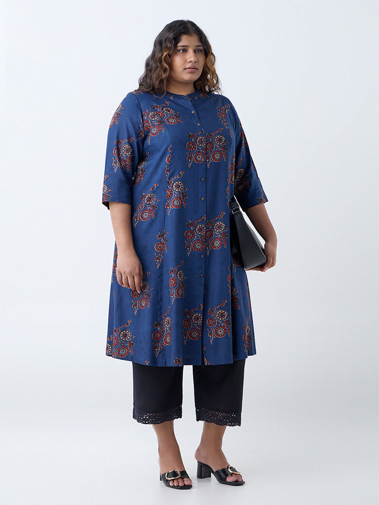 Diza Indigo Printed A-Line Kurta