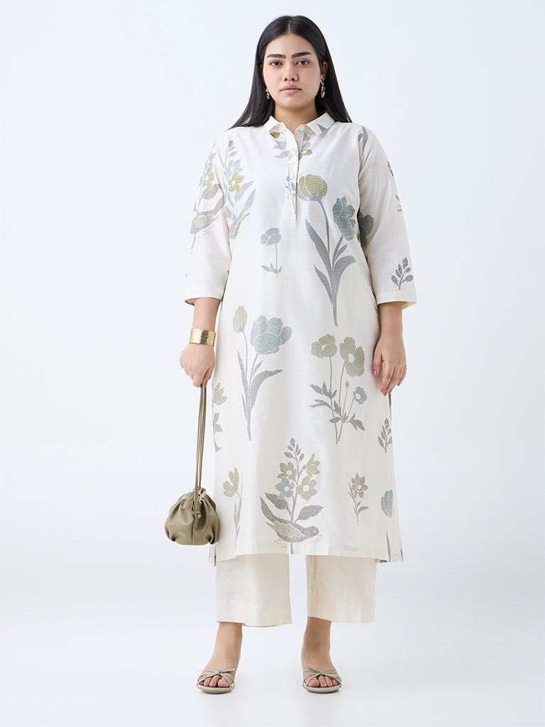 Diza Off-White Floral Design Straight Kurta