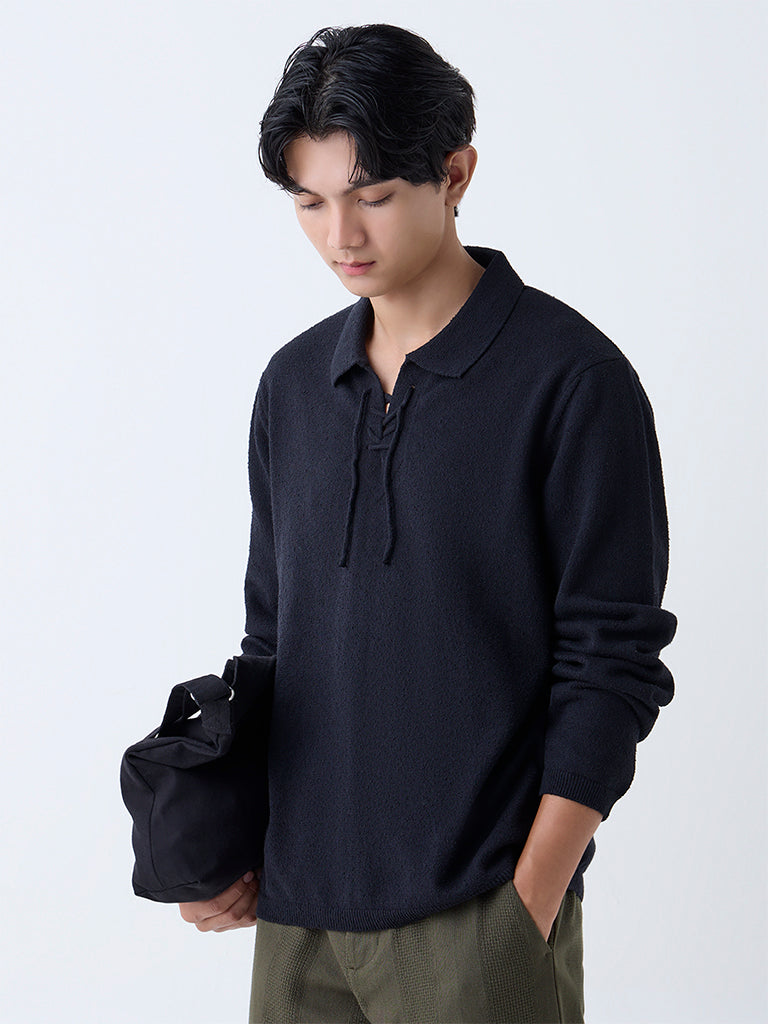 ETA Black Knitted Relaxed-Fit Cotton-Blend Sweater