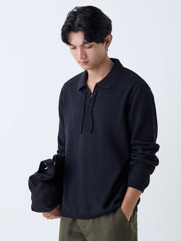 ETA Black Knitted Relaxed-Fit Cotton-Blend Sweater